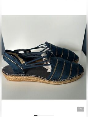 Toni Pons Blue and Gold Espadrilles with Braided Jute Sole